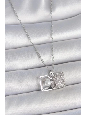 316L Çelik Gümüş Renk Zincir Zirkon Taşlı İncili Açılır Elmas Model Kadın Kolye