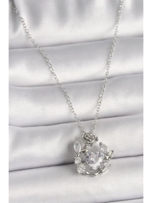 316L Çelik Gümüş Renk Zincir Zirkon Taşlı Kalp Figür Gül Detay Kadın Kolye