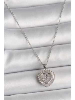 316L Çelik Gümüş Renk Zincir Zirkon Taşlı Kalp Model Kadın Kolye
