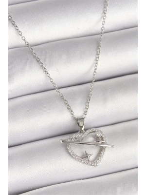 316L Çelik Gümüş Renk Zincir Zirkon Taşlı Kalp Model Yıldız Detay Kadın Kolye