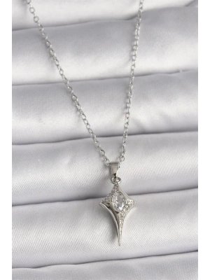 316L Çelik Gümüş Renk Zincir Zirkon Taşlı Kuzey Yıldızı Model Kadın Kolye