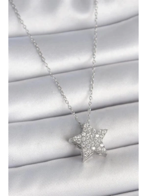 316L Çelik Gümüş Renk Zincir Zirkon Taşlı Yıldız Model Kadın Kolye