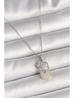 316L Çelik Gümüş Renk Zincir Zirkon Taşlı Yonca Model Kadın Kolye