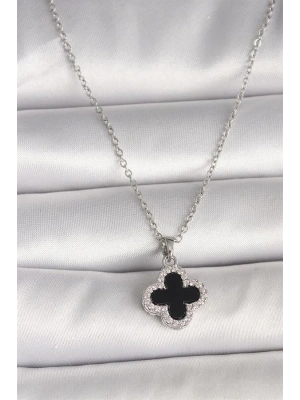 316L Çelik Gümüş Renk Zincir Zirkon Taşlı Yonca Model Kadın Kolye