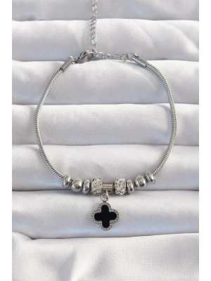 316L Çelik Gümüş Renk Zirkon Taş Aksesuarlı Siyah Mineli Yonca Bileklik