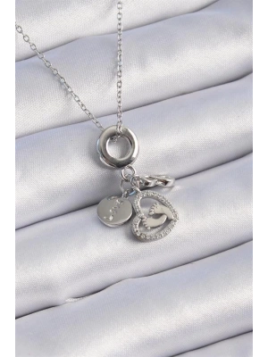 316L Çelik Gümüş Renk Zirkon Taş Detay Kalp Model Charm Kadın Kolye