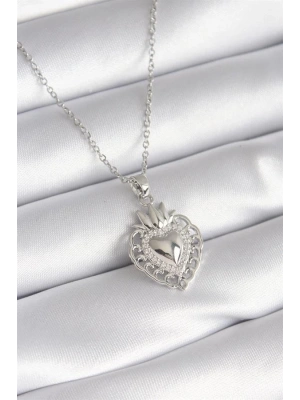 316L Çelik Gümüş Renk Zirkon Taş Detay Taç Kalp Model Kadın Kolye