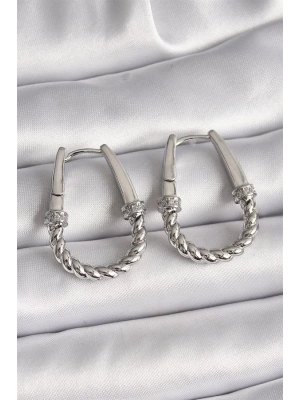 316L Çelik Gümüş Renk Zirkon Taş Detaylı Burma Halka Model Kadın Küpe