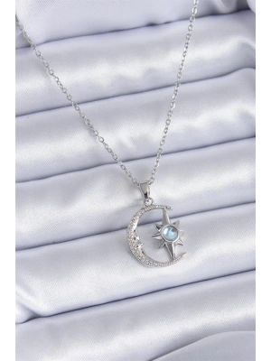 316L Çelik Gümüş Renk Zirkon Taşlı Ay Yıldız Model Kadın Kolye