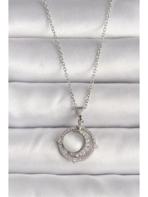 316L Çelik Gümüş Renk Zirkon Taşlı Beyaz Sedefli Hilal Model Kadın Kolye