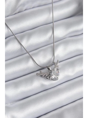 316L Çelik Gümüş Renk Zirkon Taşlı Boynuz Model Kadın Kolye