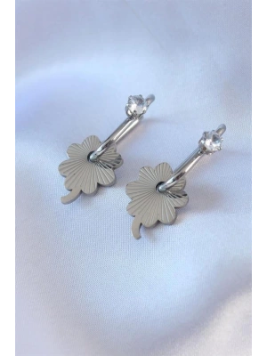 316L Çelik Gümüş Renk Zirkon Taşlı Kadın Göçmen Küpesi