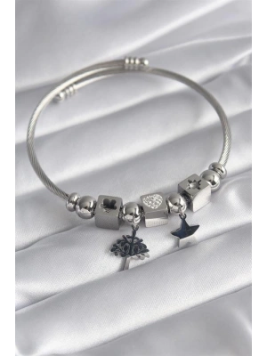 316L Çelik Gümüş Renk Zirkon Taşlı Kalp Detay Yaşam Ağacı Figür Charm Model Kadın Bileklik