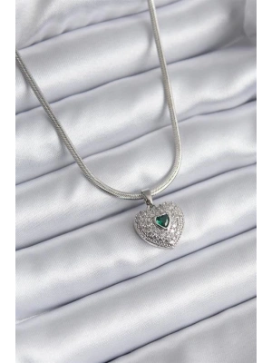 316L Çelik Gümüş Renk Zirkon Taşlı Kalp Model Kadın Kolye