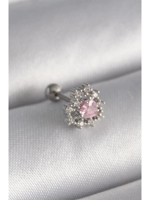 316L Çelik Gümüş Renk Zirkon Taşlı Kalp Tragus Piercing