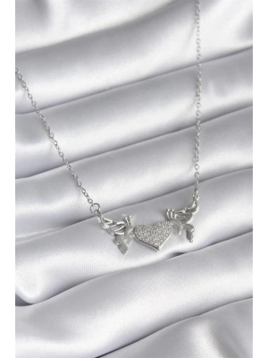 316L Çelik Gümüş Renk Zirkon Taşlı Kanat Kalp Model Kadın Kolye