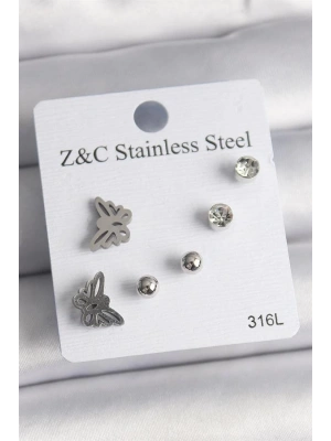 316L Çelik Gümüş Renk Zirkon Taşlı Kelebek Model Kadın Küpe Seti