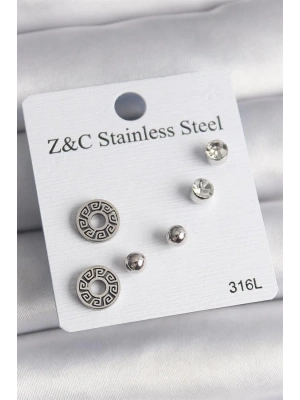 316L Çelik Gümüş Renk Zirkon Taşlı Labirent Model Kadın Küpe Seti