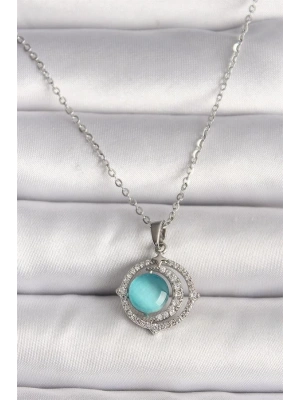 316L Çelik Gümüş Renk Zirkon Taşlı Mavi Sedefli Hilal Model Kadın Kolye