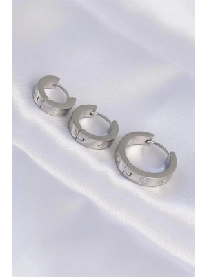 316L Çelik Gümüş Renk Zirkon Taşlı Model 3lü Halka Küpe