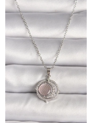 316L Çelik Gümüş Renk Zirkon Taşlı Pembe Sedefli Hilal Model Kadın Kolye