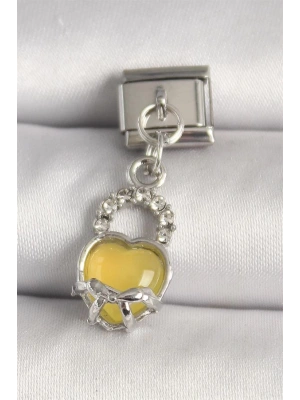 316L Çelik Gümüş Renk Zirkon Taşlı Sarı Kilit Kalp Model Nomination Charm