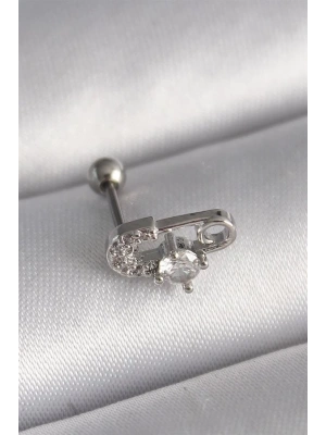 316L Çelik Gümüş Renk Zirkon Taşlı Toplu İğne Tragus Piercing