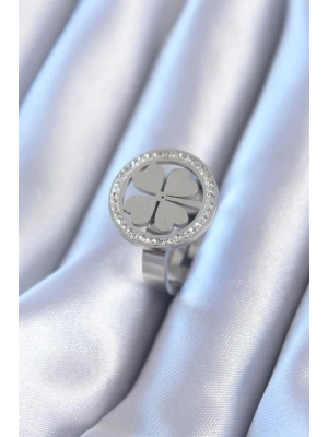 316L Çelik Gümüş Renk Zirkon Taşlı Yonca Model Kadın Yüzük