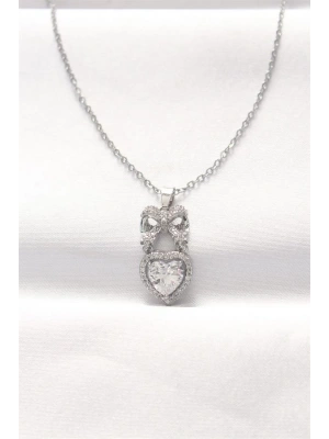 316L Çelik Silver Renk Zirkon Taşlı Kalpli Fiyonk Kolye