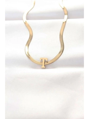 316L Çelik T Harfli Gold Renk İtalyan Zincirli Kolye