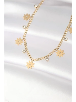 316L Çelik Taşlı Gold Renk Çoklu Çiçek Kolye