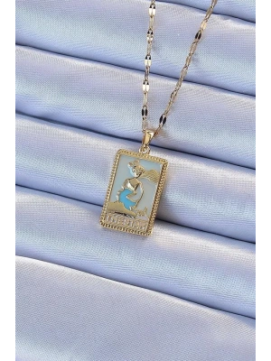 316L Çelik Zincir Altın Renk Mavi Mineli Tarot Kolye