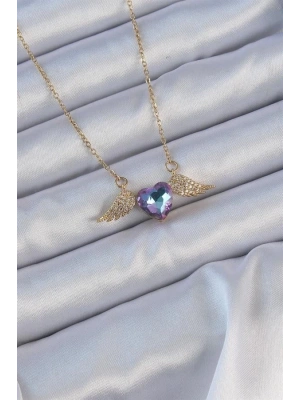 316L Çelik Zincir Altın Renk Mavi Mor Zirkon Taşlı Kanatlı Kalp Kolye