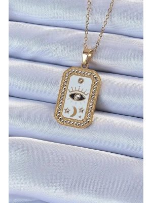 316L Çelik Zincir Altın Renk Mineli Zirkon Taşlı Göz Figür Tarot Kolye
