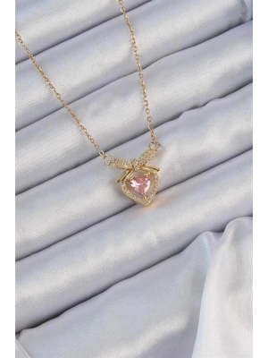 316L Çelik Zincir Altın Renk Pembe Zirkon Taşlı Fiyonklu Kalp Kolye