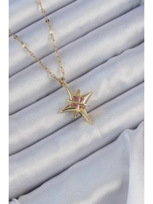 316L Çelik Zincir Altın Renk Pembe Zirkon Taşlı Kutup Yıldızı Kolye