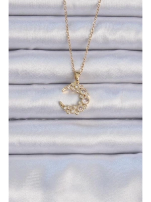 316L Çelik Zincir Altın Renk Zirkon Taşlı Ay Kolye