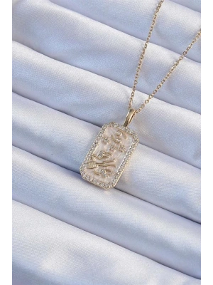 316L Çelik Zincir Altın Renk Zirkon Taşlı Çerçeveli Tarot Kolye