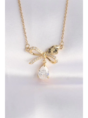 316L Çelik Zincir Altın Renk Zirkon Taşlı Damla Detay Fiyonk Kolye