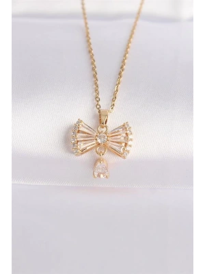 316L Çelik Zincir Altın Renk Zirkon Taşlı Kalp Detay Fiyonk Kolye