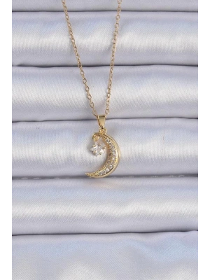 316L Çelik Zincir Altın Renk Zirkon Taşlı Sallantılı Ay Yıldız Kolye
