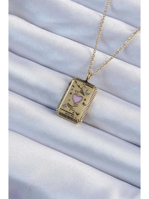 316L Çelik Zincir Eskitme Altın Renk Pembe Mineli Kalp Figürlü Tarot Kolye