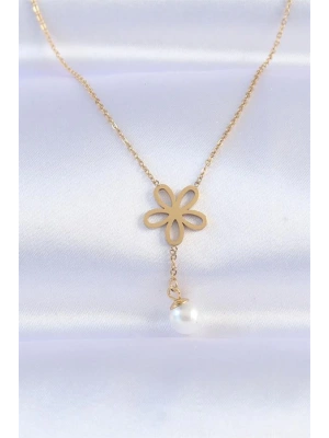316L Çelik Zincir Gold Renk İnci Detay Çiçek Kolye