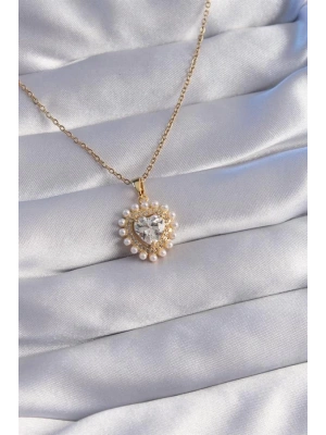 316L Çelik Zincir Gold Renk İncili Zirkon Taşlı Kalp Tasarımlı Kolye