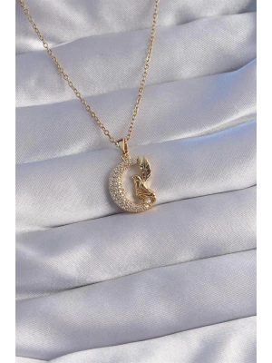 316L Çelik Zincir Gold Renk Kuş Figürlü Zirkon Taşlı Ay Tasarımlı Kolye
