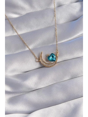 316L Çelik Zincir Gold Renk Mavi Zirkon Taşlı Ay Tasarımlı Kolye