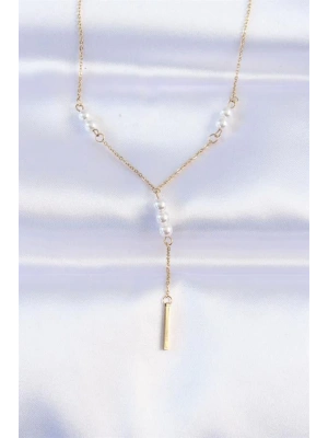 316L Çelik Zincir Gold Renk Minimal İnci Taşlı Sallantılı Kolye