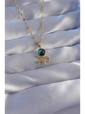 316L Çelik Zincir Gold Renk Zirkon Taşlı Astronot Figürlü Gezegen Kolye