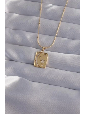 316L Çelik Zincir Gold Renk Zirkon Taşlı Ay Yıldız Figürlü Tarot Kolye