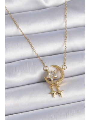 316L Çelik Zincir Gold Renk Zirkon Taşlı Hilal Model Yıldız Detay Kadın Kolye